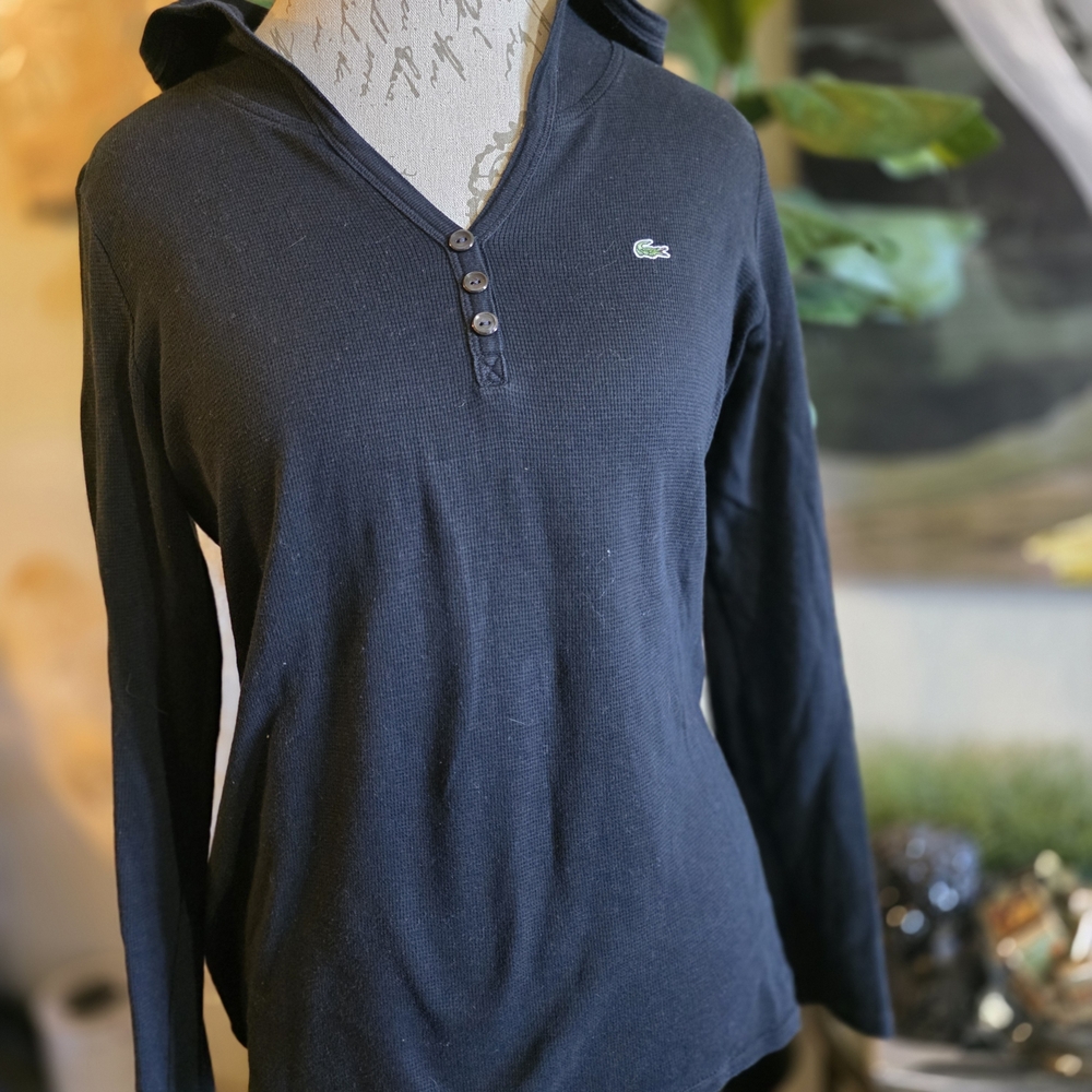 Lacoste Black Long Sleeve Henley Hooded Waffle Knit